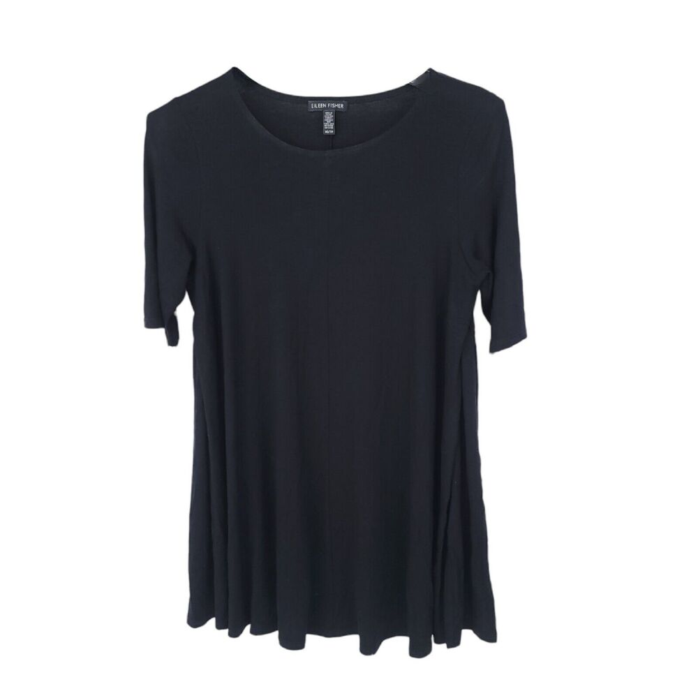 Eileen Fisher Top Womens XS Tunic Short Sleeve Stretch Shirt Black Relaxed Round